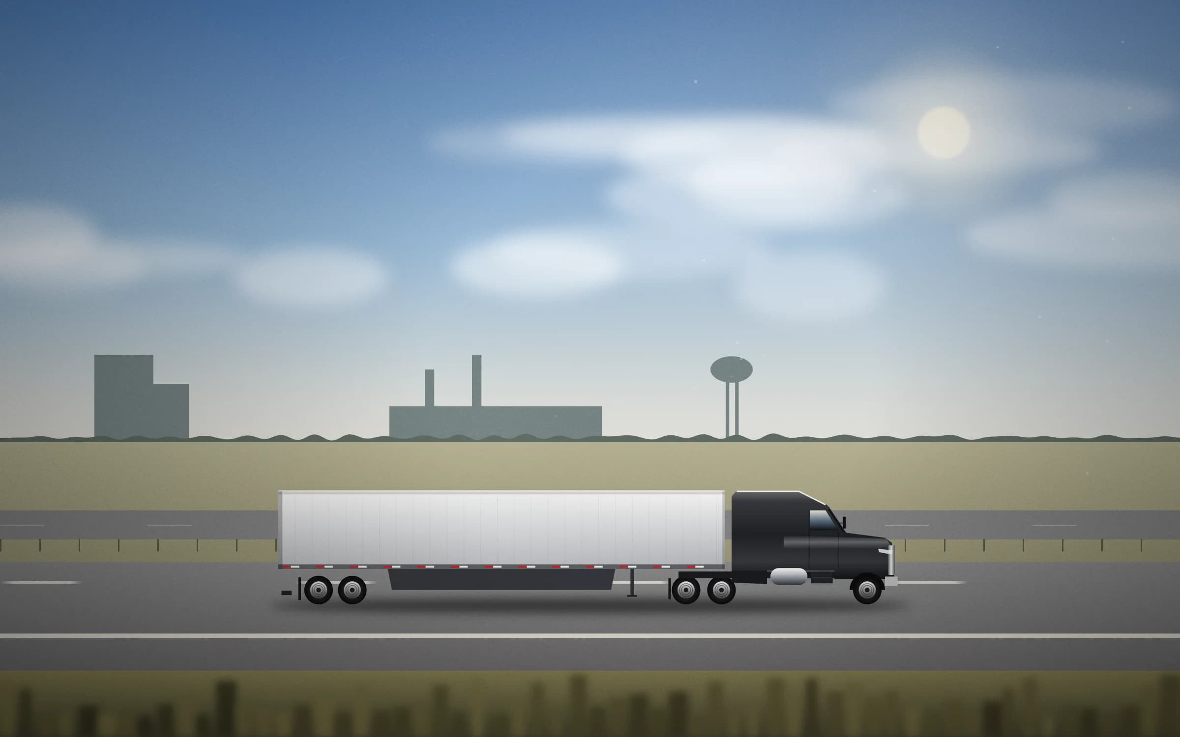 Tractor and 53-foot dry van on a Midwest highway in the morning